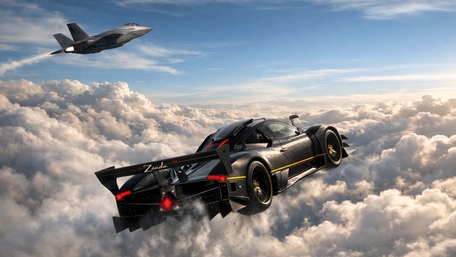 Pagani Zonda Soaring Above the Clouds with an F-35 Escort wallpaper