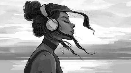 Monochrome Lo Fi Dreamer Girl Lost in Headphones and Wind wallpaper