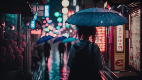 Neon Rainfall in a Japanese Alleyway Under Umbrellas wallpaper