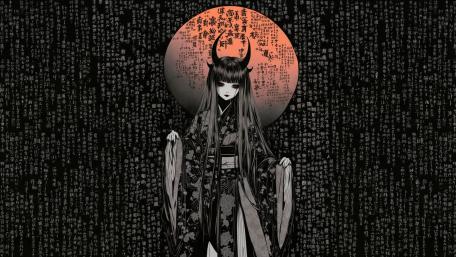 Moonlit Horned Demon in Floral Kimono Dark Anime Aesthetic wallpaper