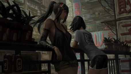 Neon Terrace Reverie with Long Haired Anime Girls in Rainy City wallpaper