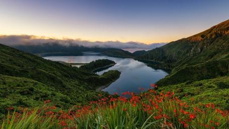 Sunrise Calm Over Lagoa do Fogo in the Azores wallpaper