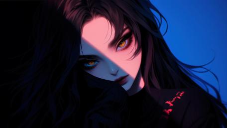 Midnight Gaze Anime Girl with Long Hair in Neon Shadow wallpaper