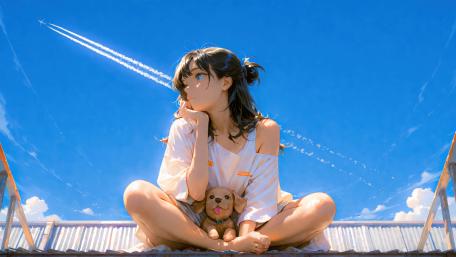 Rooftop Daydreams with an Anime Girl and Puppy Under Blue Skies wallpaper
