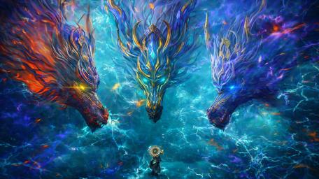 Celestial Triad Dragons Converge in Electric Anime Skies wallpaper