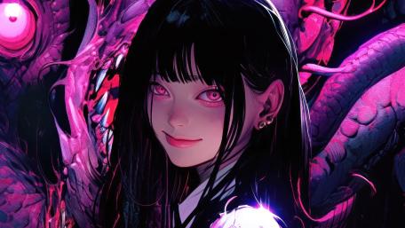Neon Violet Enchantress Anime Girl in Shadowed Serpent Lair wallpaper