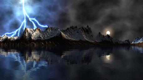 Stormlit Mountain Kingdom Over Midnight Waters wallpaper