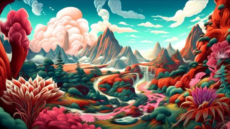 Neon Dream Valley of Crimson Peaks and Candy Clouds wallpaper