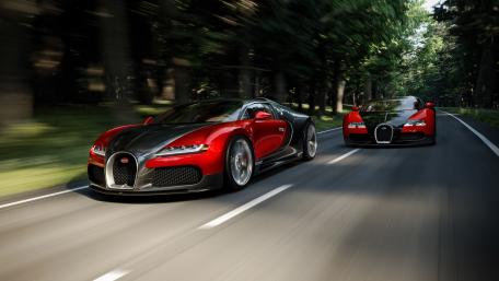 Bugatti Veyron Duo Racing Through Forest Highway in 4K wallpaper
