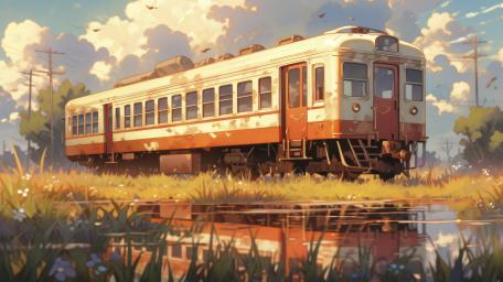 Sunlit Abandoned Anime Train by the Tracks in Peaceful Summer Fields wallpaper