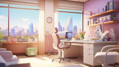 Sunlit Anime Office Desk with City Skyline Serenity wallpaper