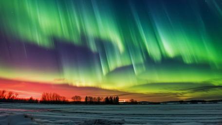 Dancing Aurora Borealis Over a Quiet Winter Horizon at Dusk wallpaper
