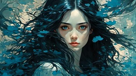 Midnight Bloom Enchantress Portrait in Whispering Blue Leaves wallpaper