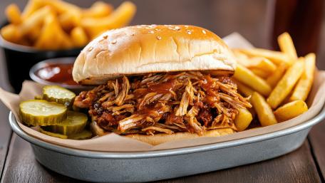 Smoky Pulled Pork Burger with Golden Fries in Crisp 5K wallpaper