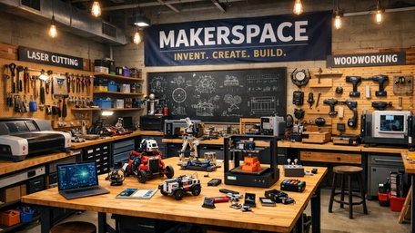 Makerspace Workshop Desk with Tools Robots and Creative Blueprint Vibes wallpaper