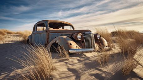 Rusty Vintage Sedan Abandoned in Sunlit Sand Dunes 5K Wallpaper wallpaper