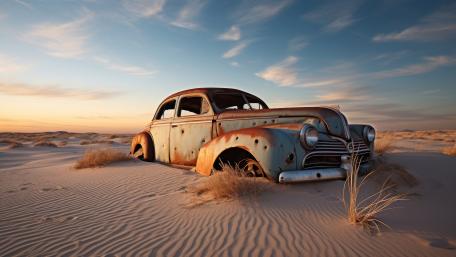 Rusty Vintage Classic Car Half Buried in Desert Sand at Sunset wallpaper