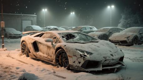 Abandoned Lamborghini Supercar Buried in Snowy Winter Night 4K AI Art wallpaper