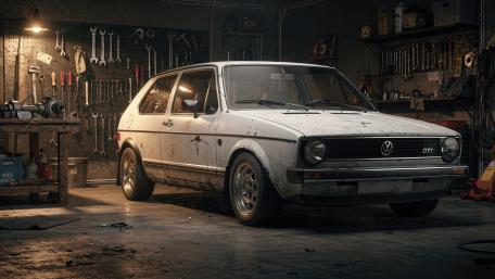 Classic Volkswagen Golf GTI Resting in a Gritty Garage Workshop wallpaper