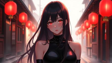 Crimson Gaze Under Lantern Light in a Quiet Anime Alley wallpaper