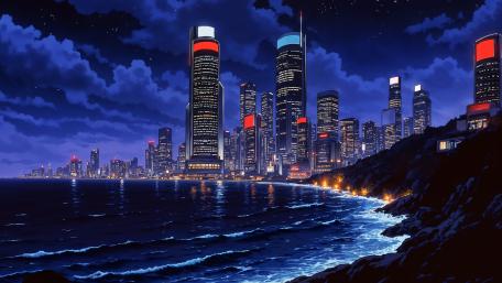 Neon Seaside Skyline Under Starry Anime Night wallpaper