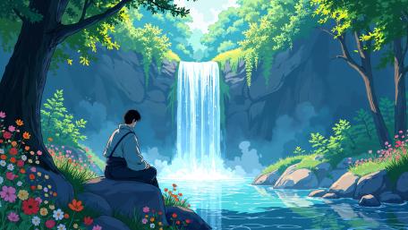Meditation by the Hidden Waterfall in a Lush Anime Forest wallpaper