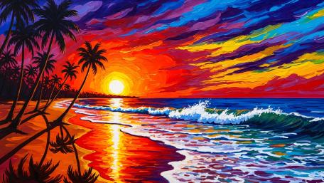 Sunset Beach Symphony in Vivid Fantasy Brushstrokes wallpaper