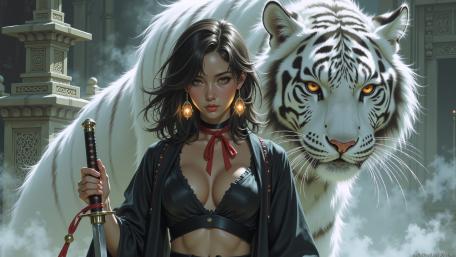 Moonlit Guardian and the White Tiger Sentinel wallpaper