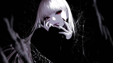 Crimson Eyed Gothic Anime Girl in Monochrome Darkness wallpaper