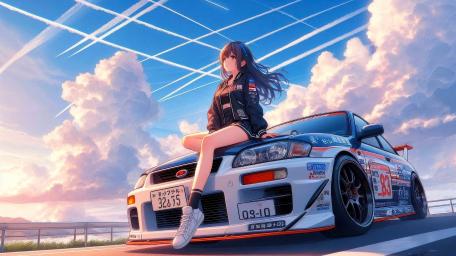 Skyline GT R34 Sunset Pit Stop Anime Racing Girl Wallpaper wallpaper