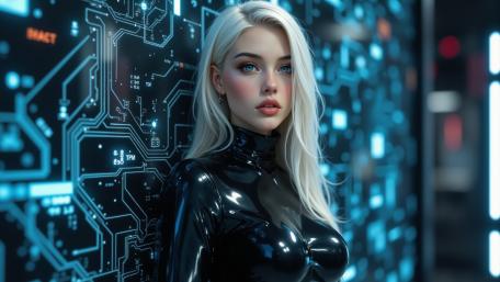 Neon Circuit Enchantress in Glossy Latex Armor wallpaper