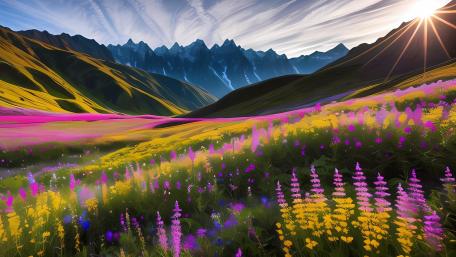Sunlit Alpine Wildflower Valley Fantasy Landscape wallpaper