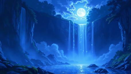 Moonlit Magical Waterfall Serenity in Deep Blue Anime Nightscape wallpaper