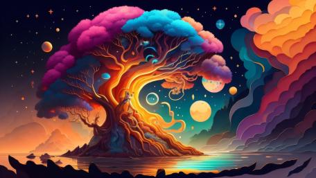 Neon Tree of Life Dreamscape in Cosmic Abstract Color wallpaper