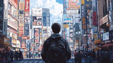 Lone Backpacker at Shibuya Crossing Under Neon Skies wallpaper