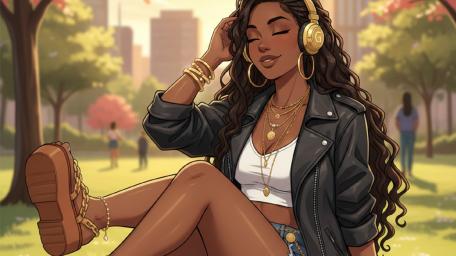 Sunlit Park Vibes with Long Hair and Golden Headphones wallpaper