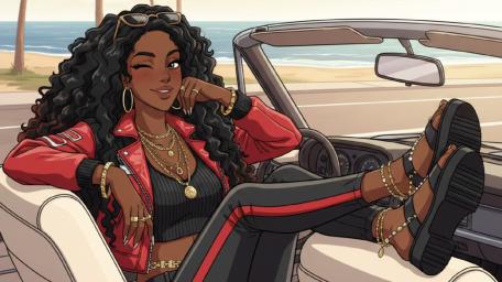 Coastal Cruise Queen With Bold Afro Style Anime Vibes wallpaper