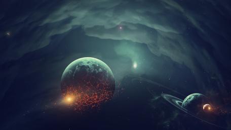 Shattered Ember Planet Drifting Through a Silent Deep Space Nebula wallpaper