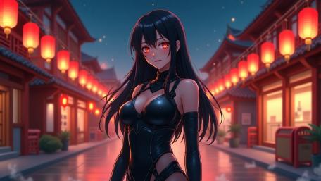 Midnight Lantern Street Anime Beauty with Long Flowing Hair wallpaper