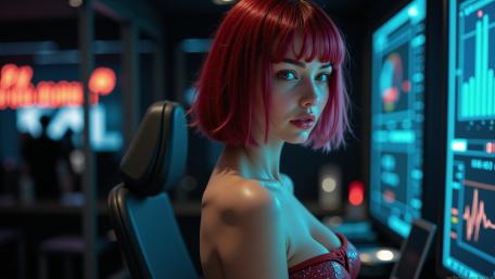 Crimson Bangs Cyber Mystic in Neon Dreamscape wallpaper