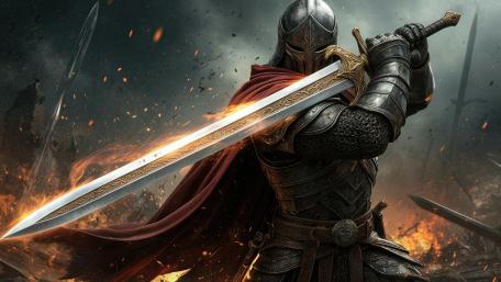 Emberforged Knight Raising a Sword Amid the Storm of War wallpaper