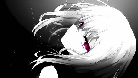 Ethereal White Haired Anime Girl with Crimson Gaze in 4K wallpaper