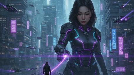 Neon Titan Heroine Over Cyberpunk Cityscape in 4K wallpaper