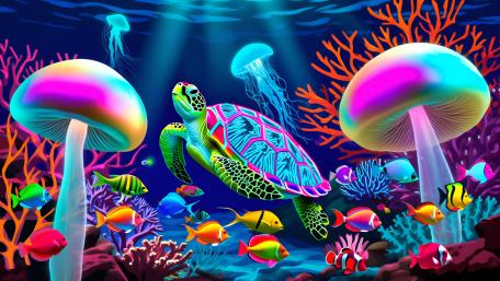 Neon Sea Turtle Drifting Through Bioluminescent Reef Fantasy wallpaper