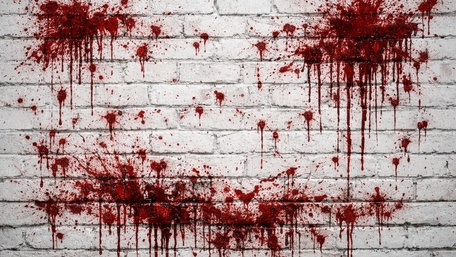 Crimson Splatter Smiley Graffiti on White Brickwork Abstract Wallpaper wallpaper