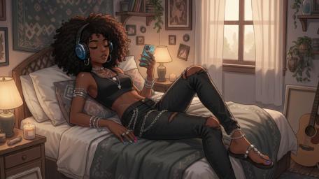 Lo Fi Afro Anime Girl Chilling in a Cozy Bedroom wallpaper
