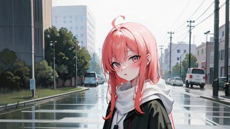 Pink Haired Anime Girl on Rainy City Street Serenity wallpaper
