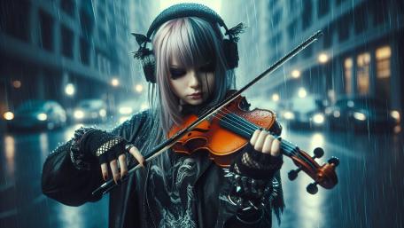 Rainlit Street Violinist in Fantasy Night Soundscape wallpaper