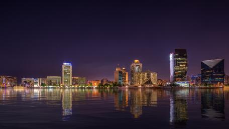 Dubai Creek Night Skyline Reflections in 5K wallpaper