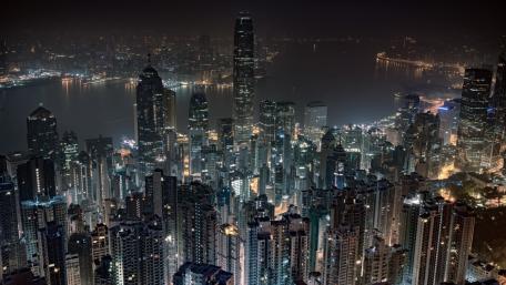 Monochrome Hong Kong Skyline from Victoria Peak Over Victoria Harbour at Night wallpaper